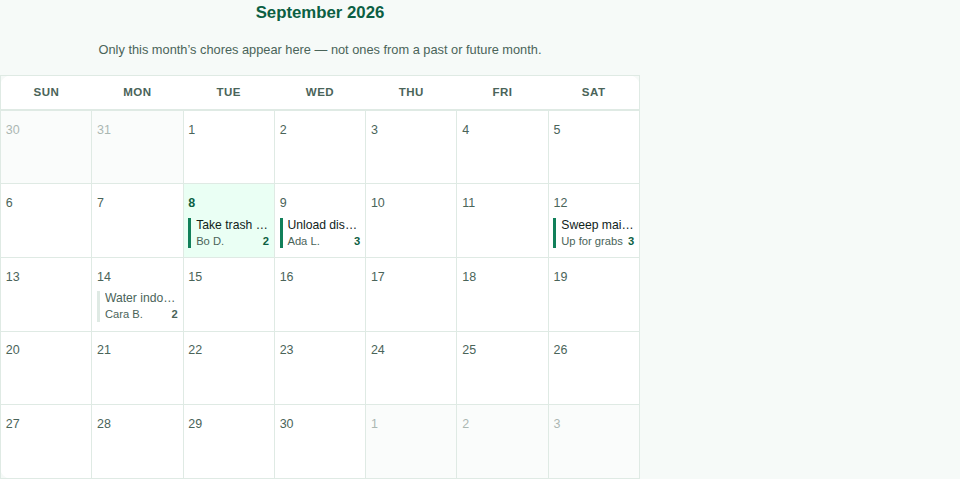 The HouseChores calendar for a month, with chores sitting on the days they are due.