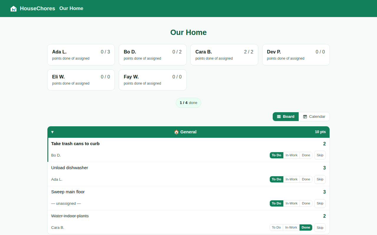 The HouseChores board on a wall tablet: a green bar with the home&rsquo;s name and no menu, each person&rsquo;s load in a row of cards, then the chores with their status buttons.