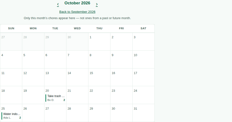 The calendar stepped forward to October, with arrows either side of the month name and two chores dated in it